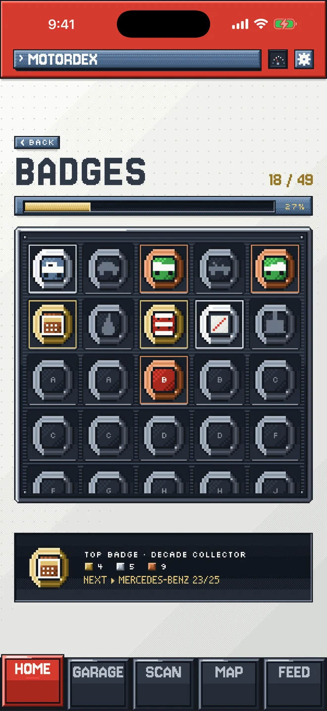 The MotorDex badge board, showing 18 of 49 badges earned.