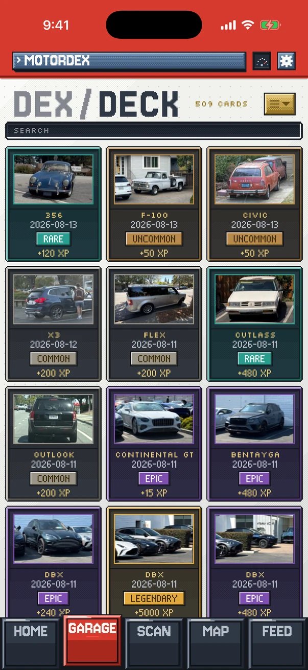 The MotorDex dex, a grid of caught cars with a search box.