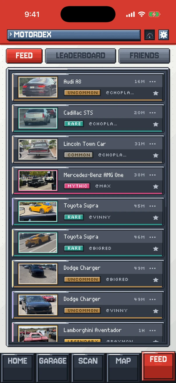 The MotorDex feed, with leaderboard and friends tabs.