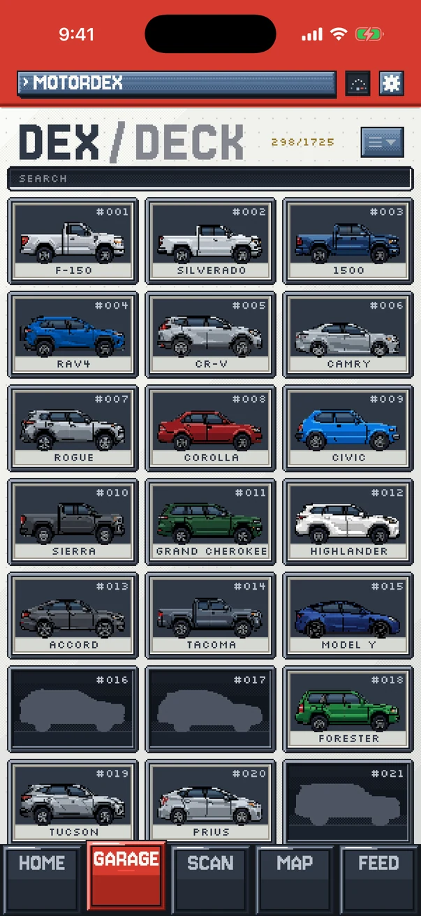 The MotorDex dex, a grid of caught cars.