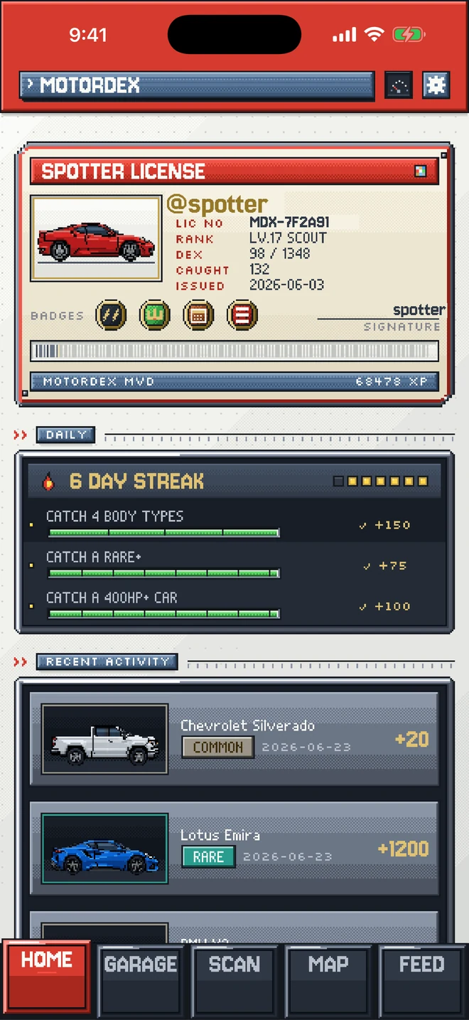 The MotorDex home screen: a spotter licence, a day streak and three daily challenges.