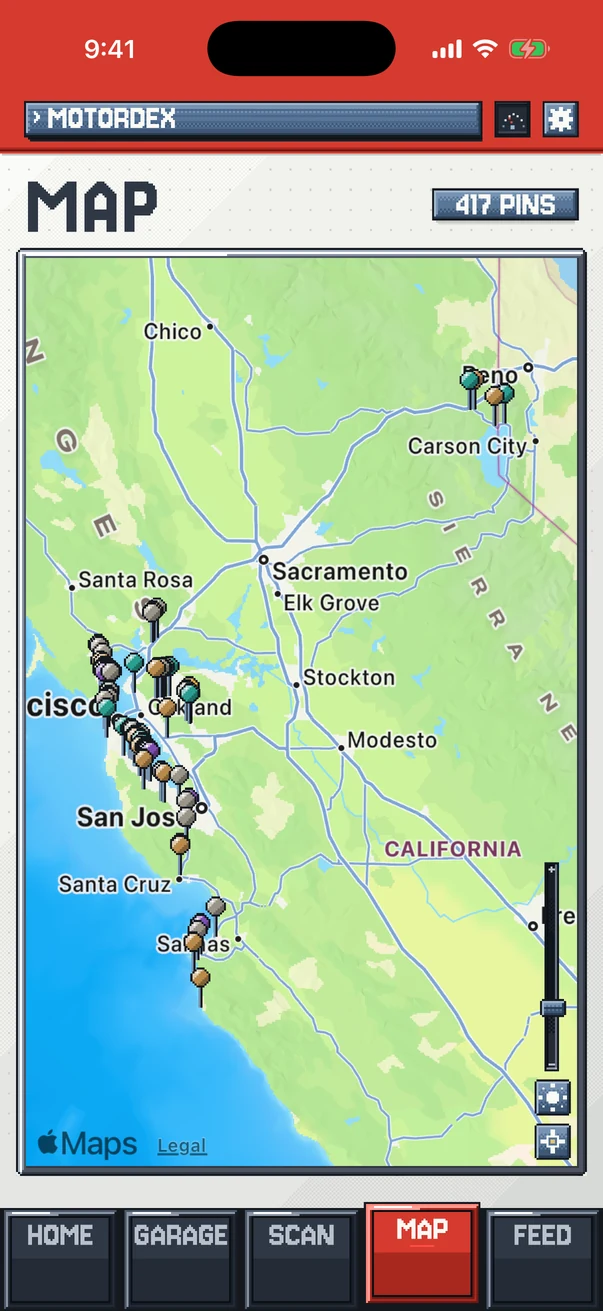 The MotorDex map covered in catch pins across California.