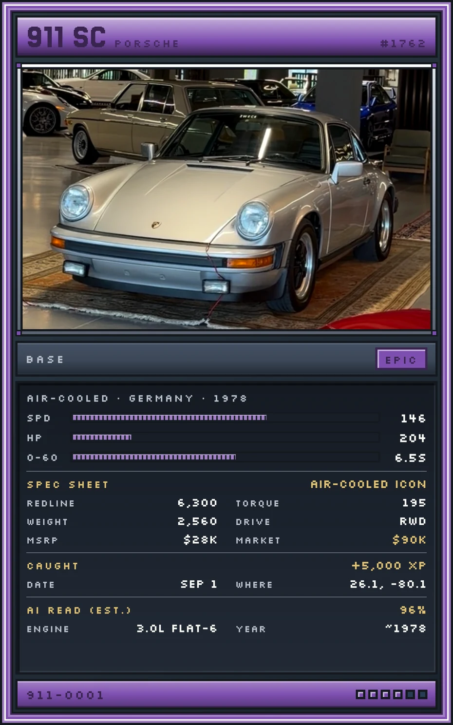 Catch card for a Porsche 911 SC, graded Epic.
