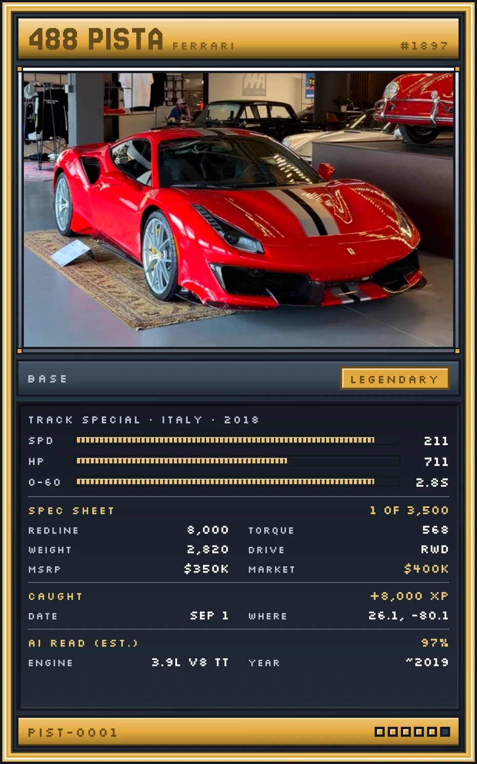 A MotorDex catch card for a Ferrari 488 Pista, graded Legendary.
