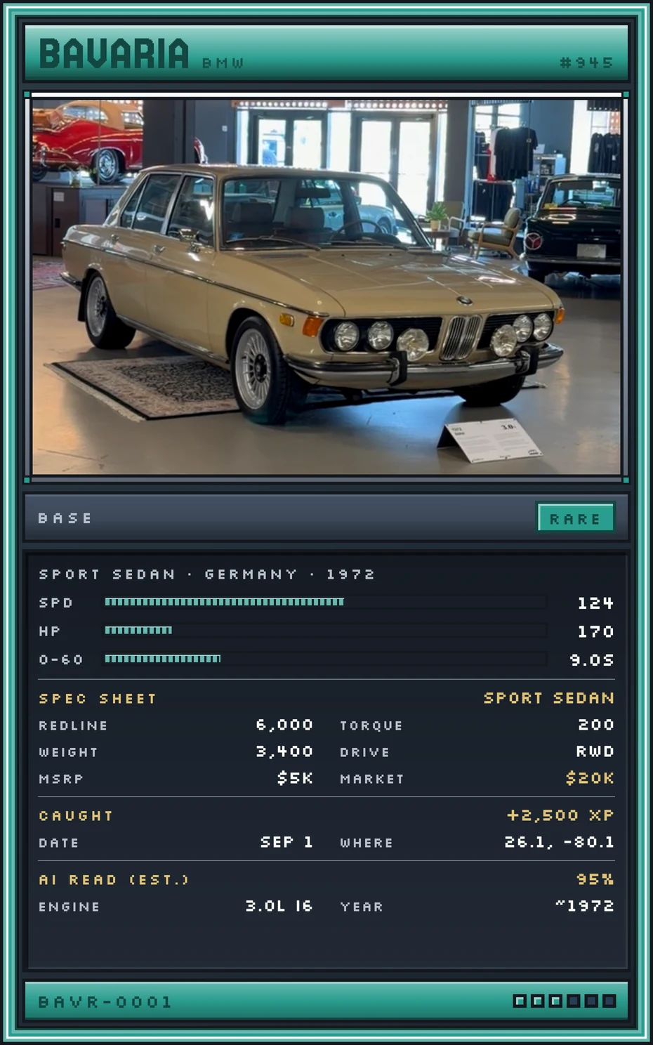 Catch card for a BMW Bavaria, graded Rare.