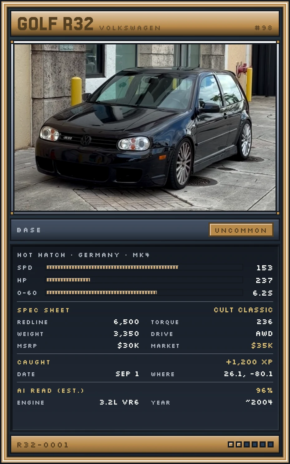 Catch card for a Volkswagen Golf R32, graded Uncommon.